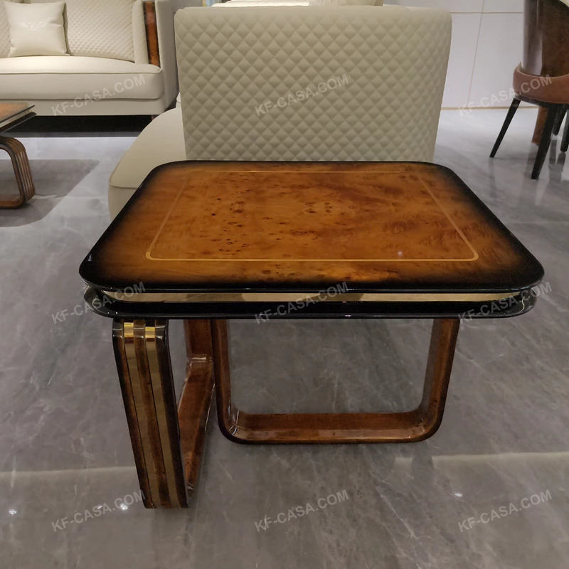 Burl Veneer Sofa Side Table with Offset Open-Frame Base and Gold Stainless Steel Inlay